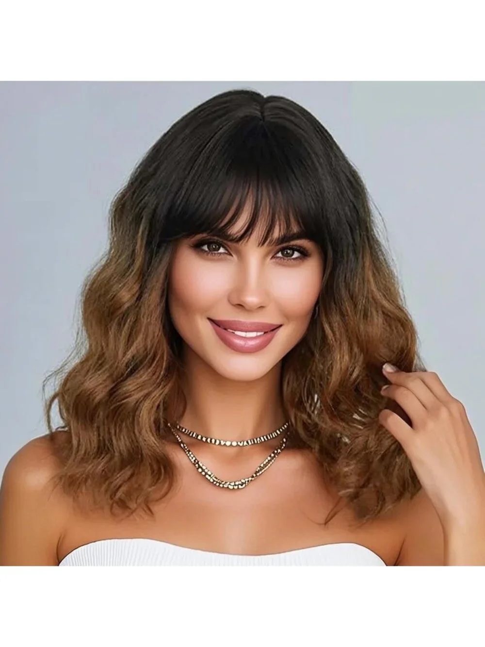 Women's Omber Brown 14 Inch Heat Resistant Short Bangs Bob Modern Wavy Wigs
